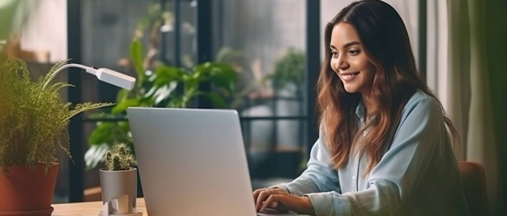Una mujer sonriente trabajando en su laptop en un ambiente hogareño bien iluminado, rodeada de plantas, lo que sugiere un espacio de trabajo cómodo y tranquilo.